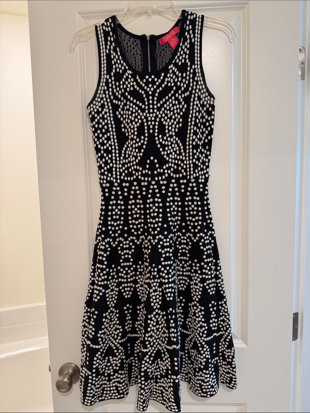 Black and White Sleeveless Dot-Pattern Fit & Flare Mini Dress